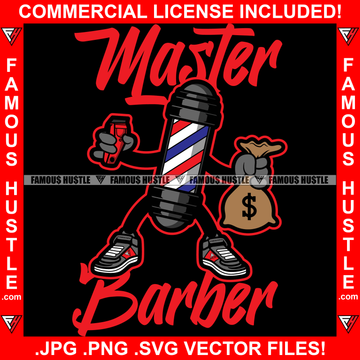 Master Barber Holding Clippers Money Bag Straight Razor Dollar Sign Apron Haircut Hair Cut Hairstylist Stylist Barbershop Salon Spa Cosmetology Groom Groomer Grooming Quote Art Graphic Design Logo T-Shirt Print Printing JPG PNG SVG Vector Cut File